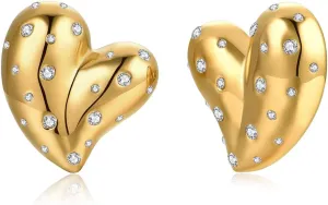 18K Gold Plated Pave CZ Heart Stud Earrings for Women Hypoallergenic Post Puffy Heart-Shaped Chunky Statement Earrings Delicate Charming Jewelry