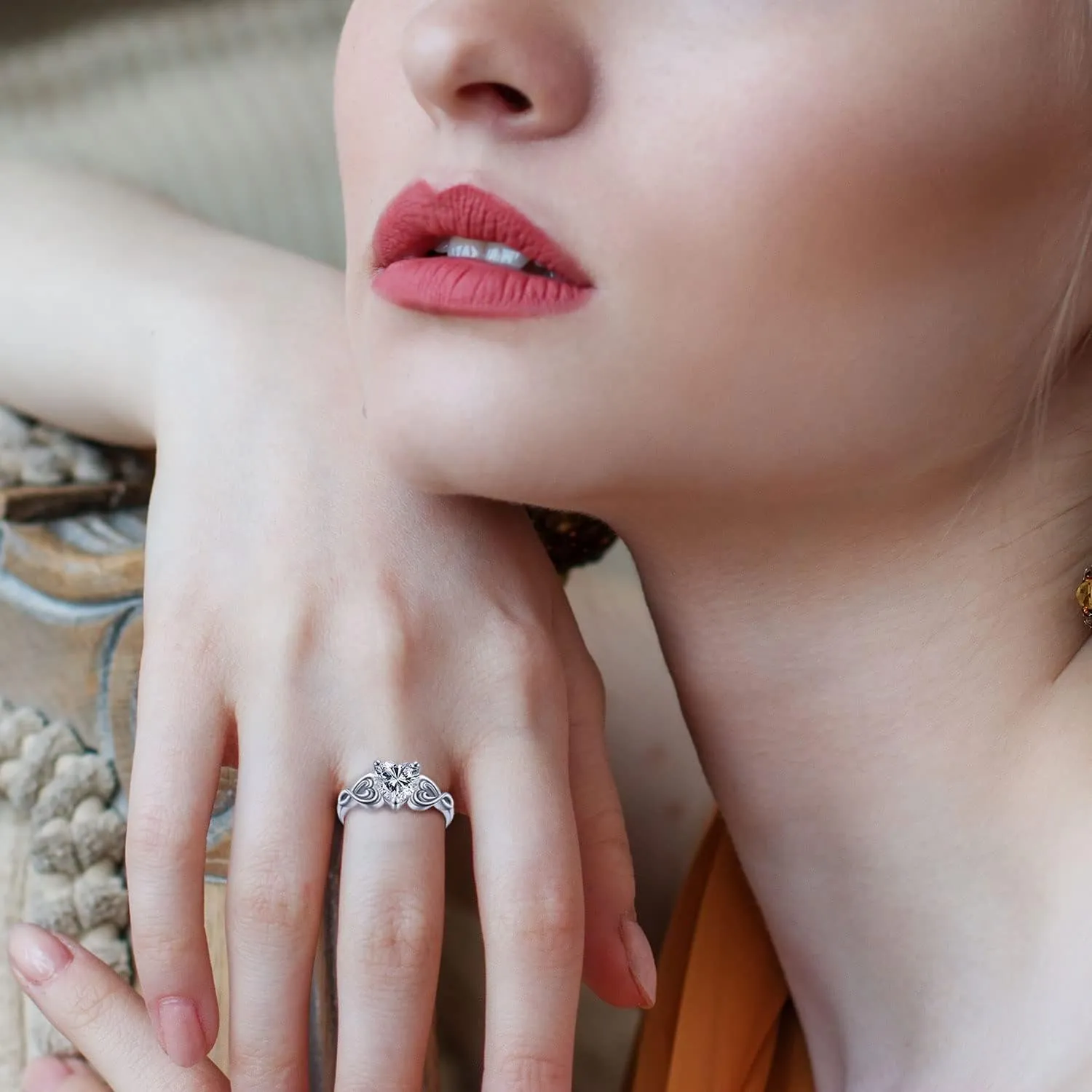 18K Rose gold Plated Love Heart Cubic Zirconia Promise Halo Engagement Promise Eternity Valentine's Day Ring for Women Size 6-10