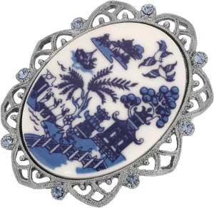 1928 Jewelry Blue Willow Pagoda Light Sapphire Crystal Oval Brooch Pin For Women, Vintage Romantic Chinese Ceramic And Porcelain Love Story Inspired Design, Made In USA