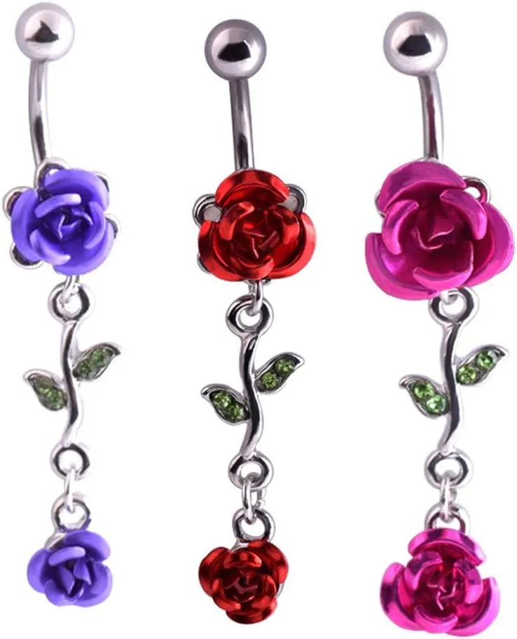 1Pc Belly Button Ring Women Dual Rose Flower Navel Ring Body Piercing Jewelry Gift Red