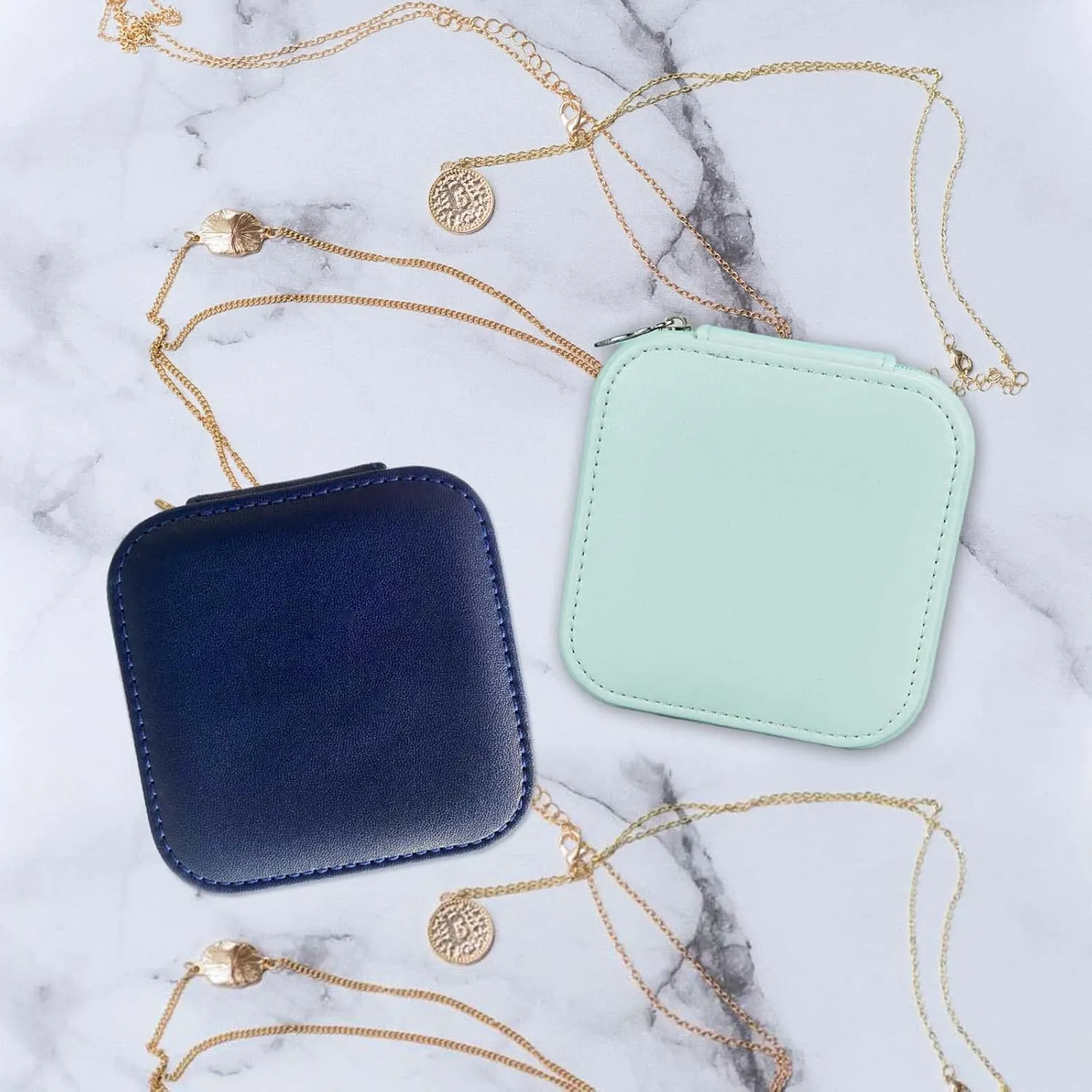 2 Pack PU Leather Travel Small Portable Mini Travel Jewelry Organizer for Rings Necklaces Earrings and Lipstick Blue and Green