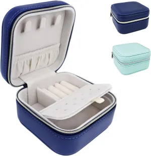 2 Pack PU Leather Travel Small Portable Mini Travel Jewelry Organizer for Rings Necklaces Earrings and Lipstick Blue and Green