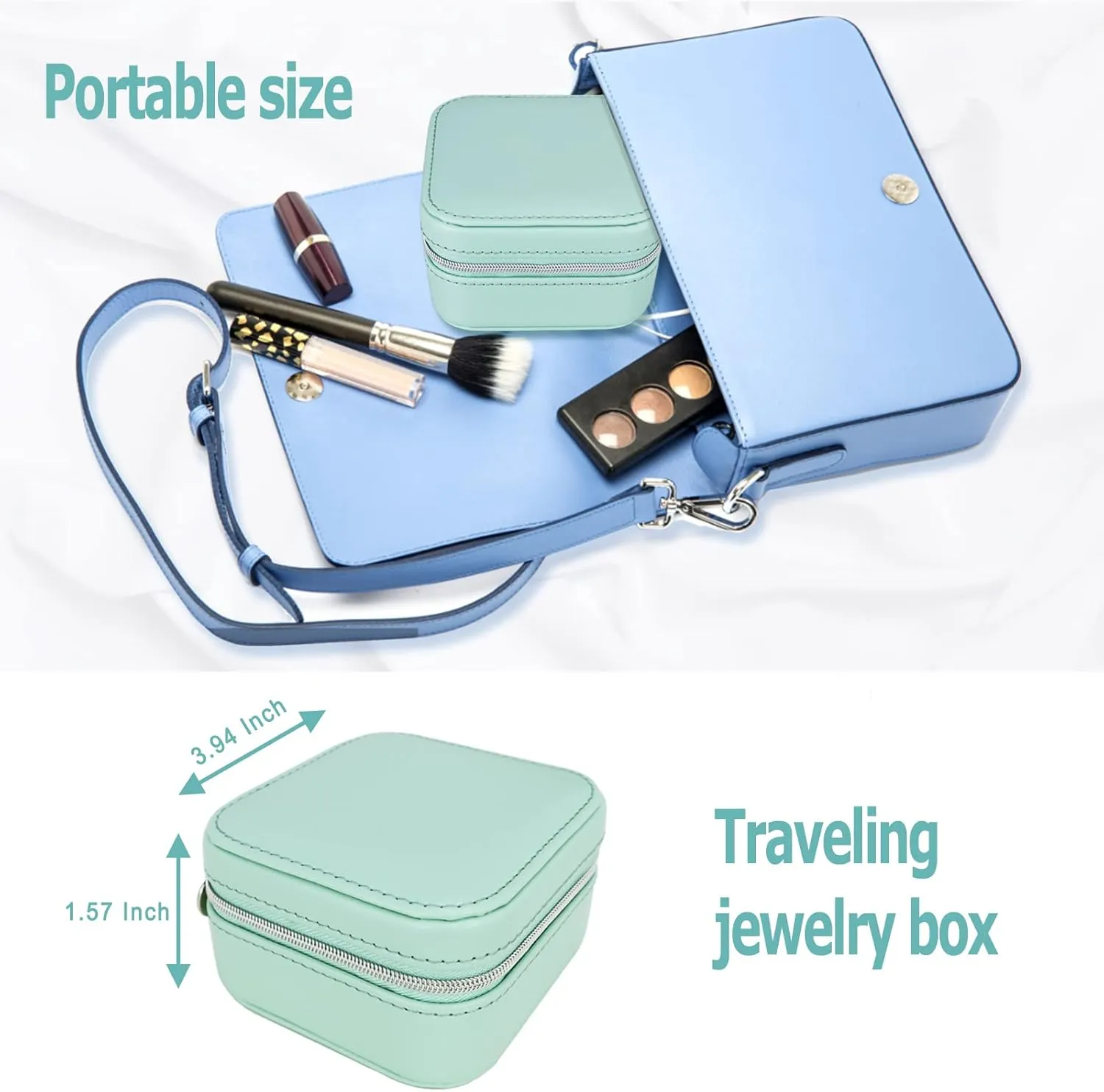 2 Pack PU Leather Travel Small Portable Mini Travel Jewelry Organizer for Rings Necklaces Earrings and Lipstick Blue and Green