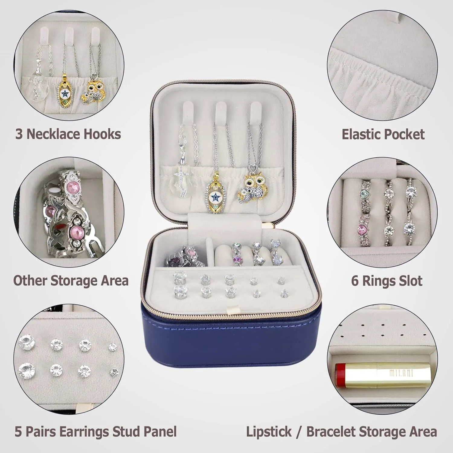 2 Pack PU Leather Travel Small Portable Mini Travel Jewelry Organizer for Rings Necklaces Earrings and Lipstick Blue and Green