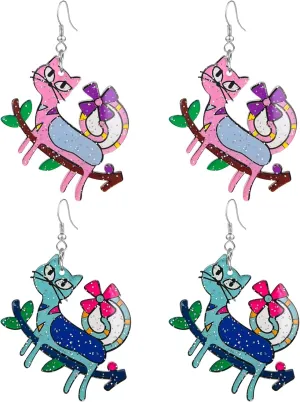 2 Pair Acrylic Cute Animal Cat Cow Drop Earrings Dangle Earrings Unique Cat Flower Statement Earrings for Women
