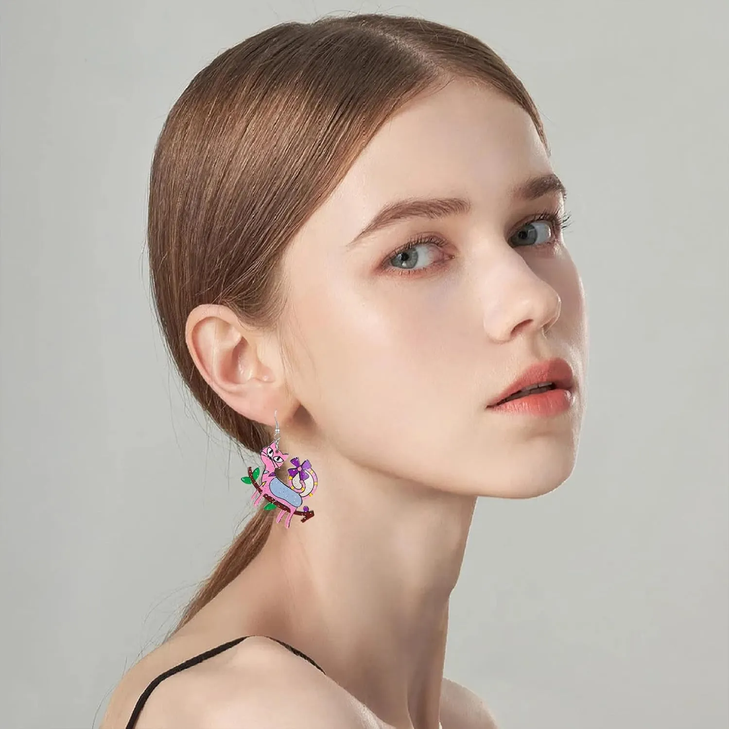 2 Pair Acrylic Cute Animal Cat Cow Drop Earrings Dangle Earrings Unique Cat Flower Statement Earrings for Women