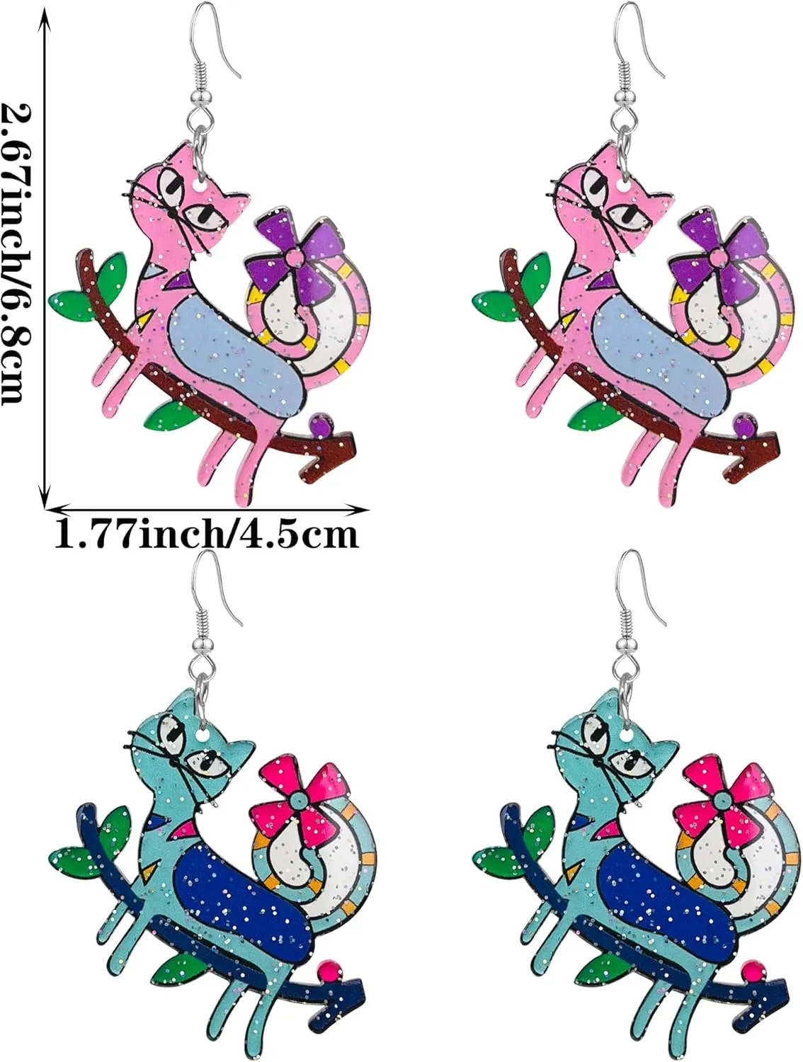 2 Pair Acrylic Cute Animal Cat Cow Drop Earrings Dangle Earrings Unique Cat Flower Statement Earrings for Women