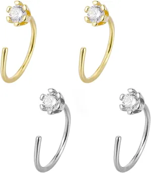 2 Pairs Huggie CZ Half Hoop Earrings for Women Gold Silver Plated Hypoallergenic Round Rhinestone Cartilage Tragus Stud Open Hoop Earring Delicate Jewelry Birthday Holiday Party