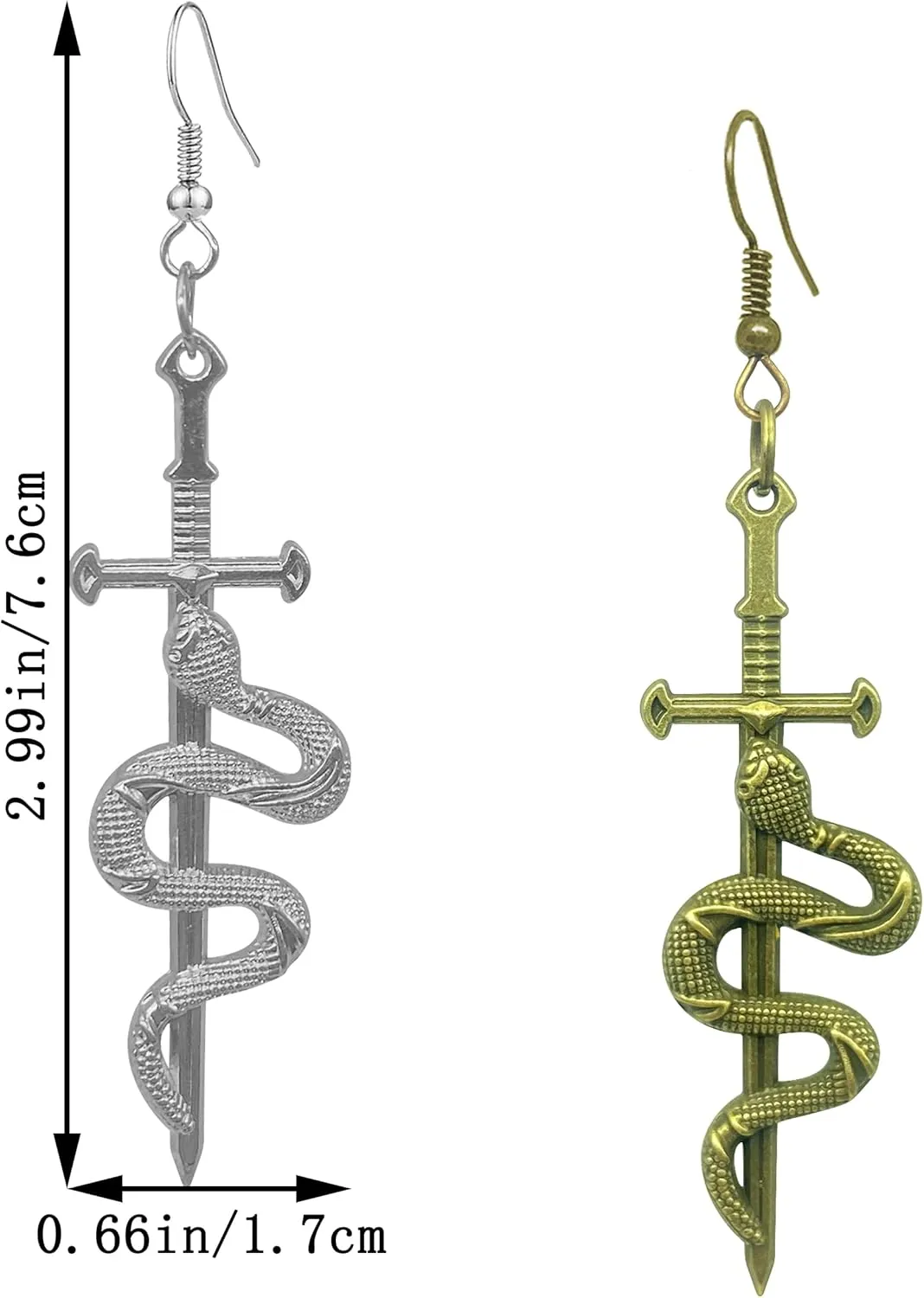 2 Pairs Unique Vintage Gothic LongSword Hook Earrings Punk Style Snake Dangle Drop Earrings For Women Men