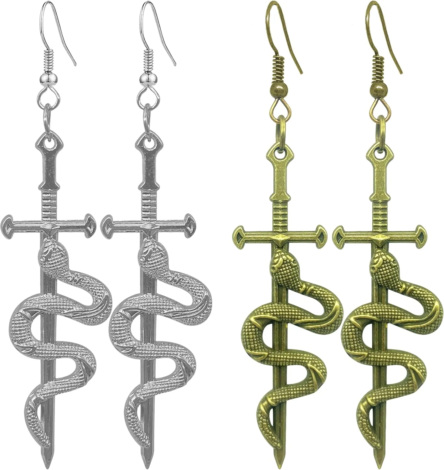 2 Pairs Unique Vintage Gothic LongSword Hook Earrings Punk Style Snake Dangle Drop Earrings For Women Men