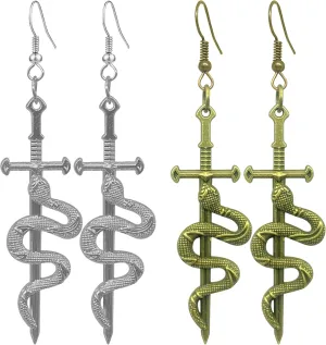 2 Pairs Unique Vintage Gothic LongSword Hook Earrings Punk Style Snake Dangle Drop Earrings For Women Men
