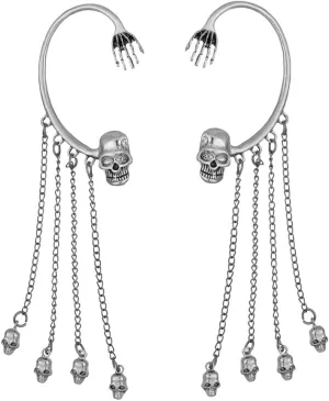 2 Pcs Gothic Punk Skull Earring Cuff Non Piercing Cartilage Ear Clips Halloween Skeleton Tassel Climber Wrap Around Earrings Unique Fake Earrings Ear Clip Jewelry