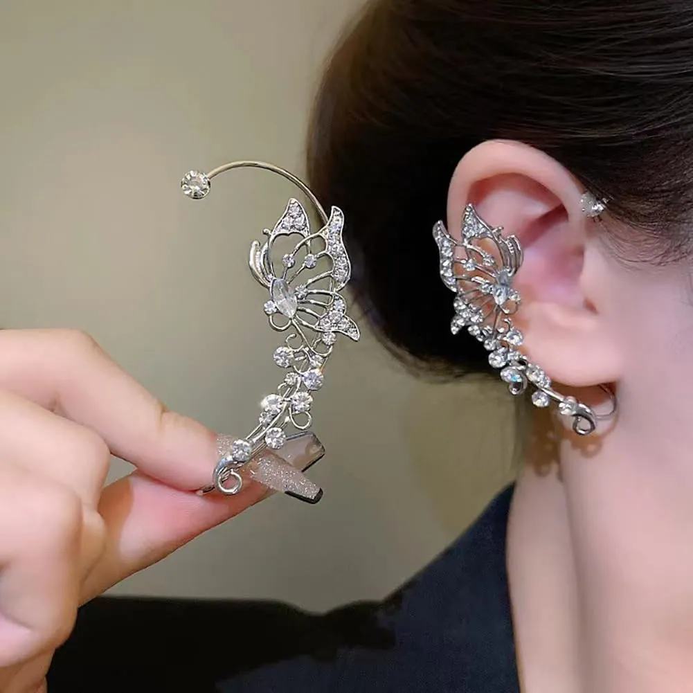 2 Pcs Rhinestone Butterfly Earring Cuffs Bling Crystal Climber Cuff Wrap Around Earrings Non Piercing Ear Clip Unique Fake Earrings Ear Clip Jewelry