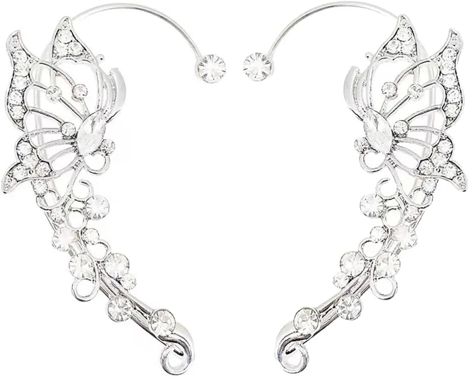 2 Pcs Rhinestone Butterfly Earring Cuffs Bling Crystal Climber Cuff Wrap Around Earrings Non Piercing Ear Clip Unique Fake Earrings Ear Clip Jewelry