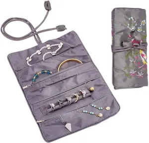 2 Pcs Silk Flower Jewelry Bags, Embroidery Jewelry Storage Pouches Luxury Gift Bag Bracelet Bag with Zipper and Drawstring Rope Roll Pouches for Gift Packing, Gray