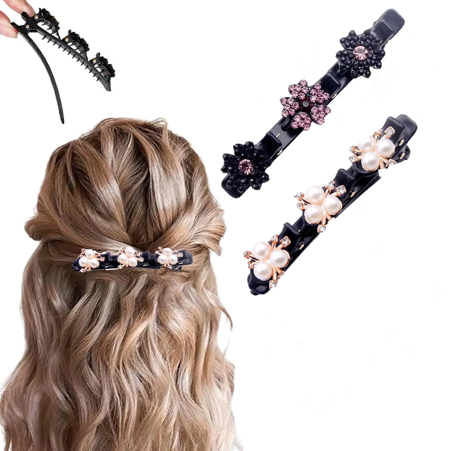 2 Pcs Sparkling Crystal Stone Braided Hair Clips, 2025 New Satin Fabric Hair Bands Rhinestone Four-Leaf Clover Hair Clip for Styling, Duck Bill Clips for Women Girls, Color D