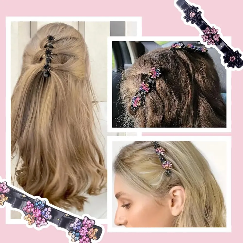 2 Pcs Sparkling Crystal Stone Braided Hair Clips, 2025 New Satin Fabric Hair Bands Rhinestone Four-Leaf Clover Hair Clip for Styling, Duck Bill Clips for Women Girls, Colorful C