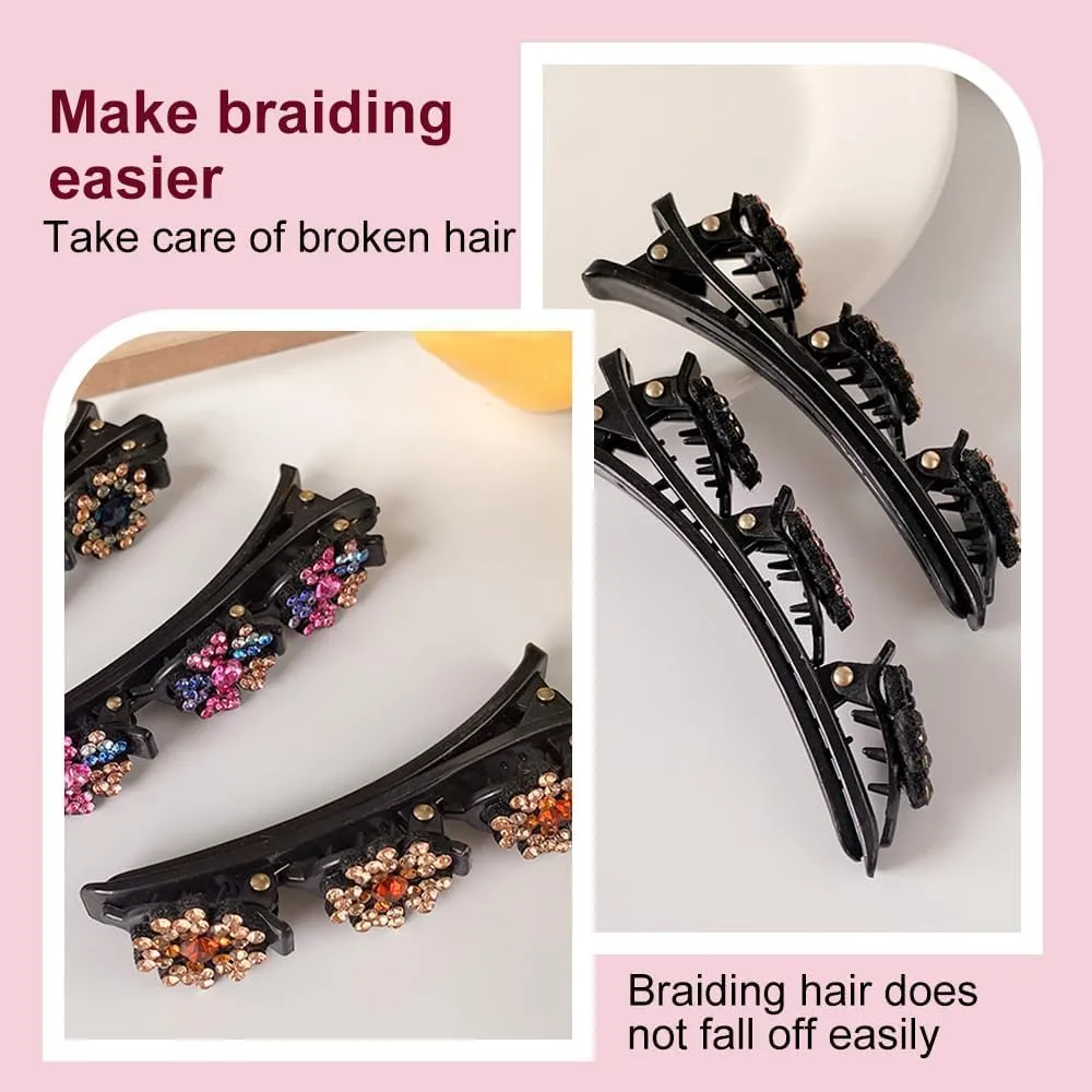 2 Pcs Sparkling Crystal Stone Braided Hair Clips, 2025 New Satin Fabric Hair Bands Rhinestone Four-Leaf Clover Hair Clip for Styling, Duck Bill Clips for Women Girls, Colorful C