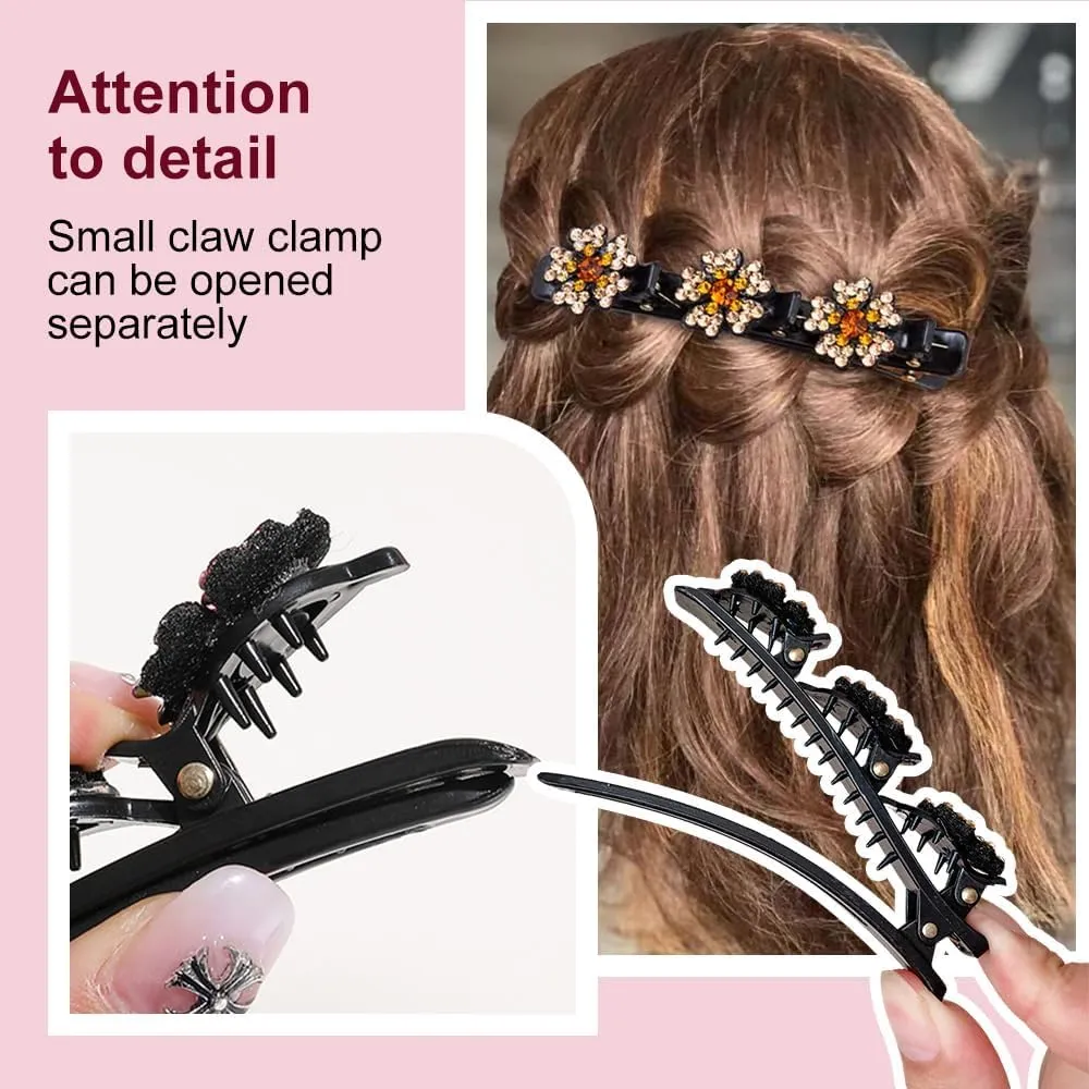 2 Pcs Sparkling Crystal Stone Braided Hair Clips, 2025 New Satin Fabric Hair Bands Rhinestone Four-Leaf Clover Hair Clip for Styling, Duck Bill Clips for Women Girls, Colorful C