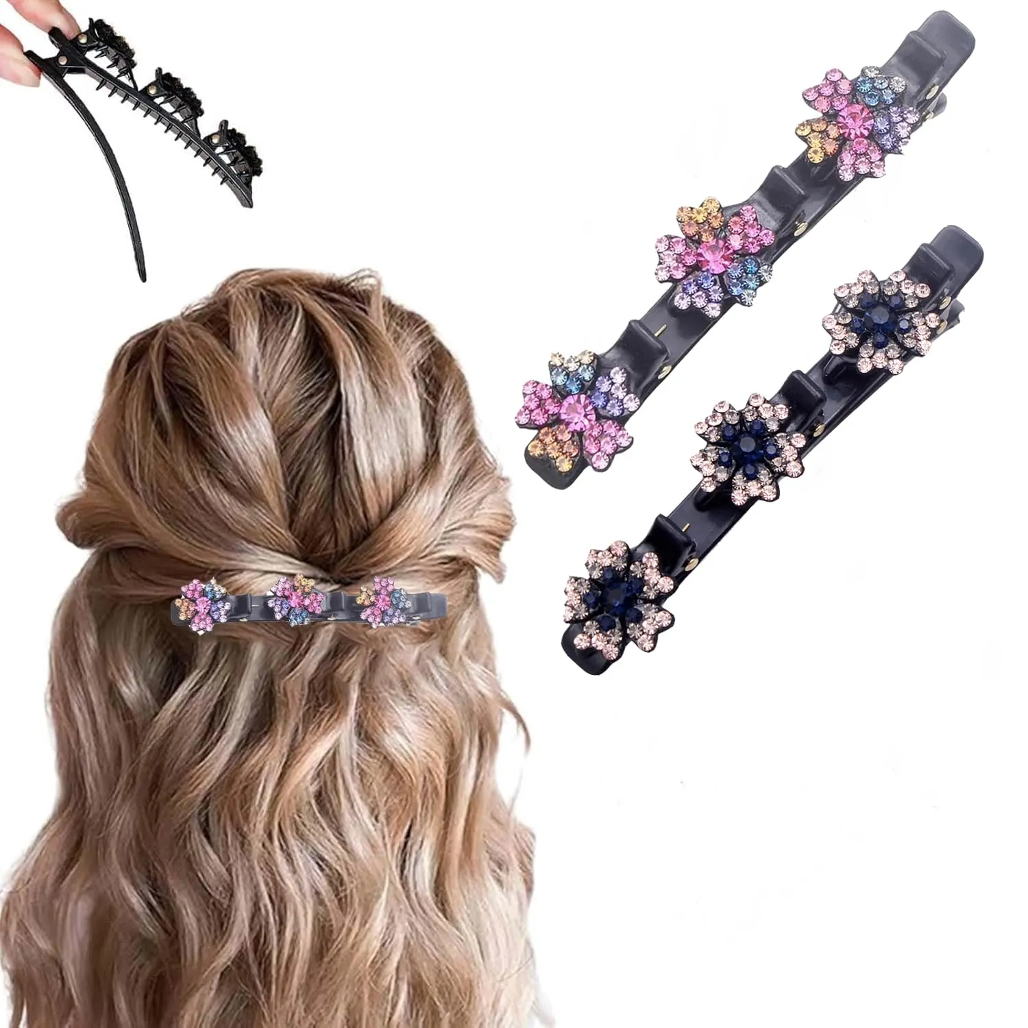 2 Pcs Sparkling Crystal Stone Braided Hair Clips, 2025 New Satin Fabric Hair Bands Rhinestone Four-Leaf Clover Hair Clip for Styling, Duck Bill Clips for Women Girls, Colorful C
