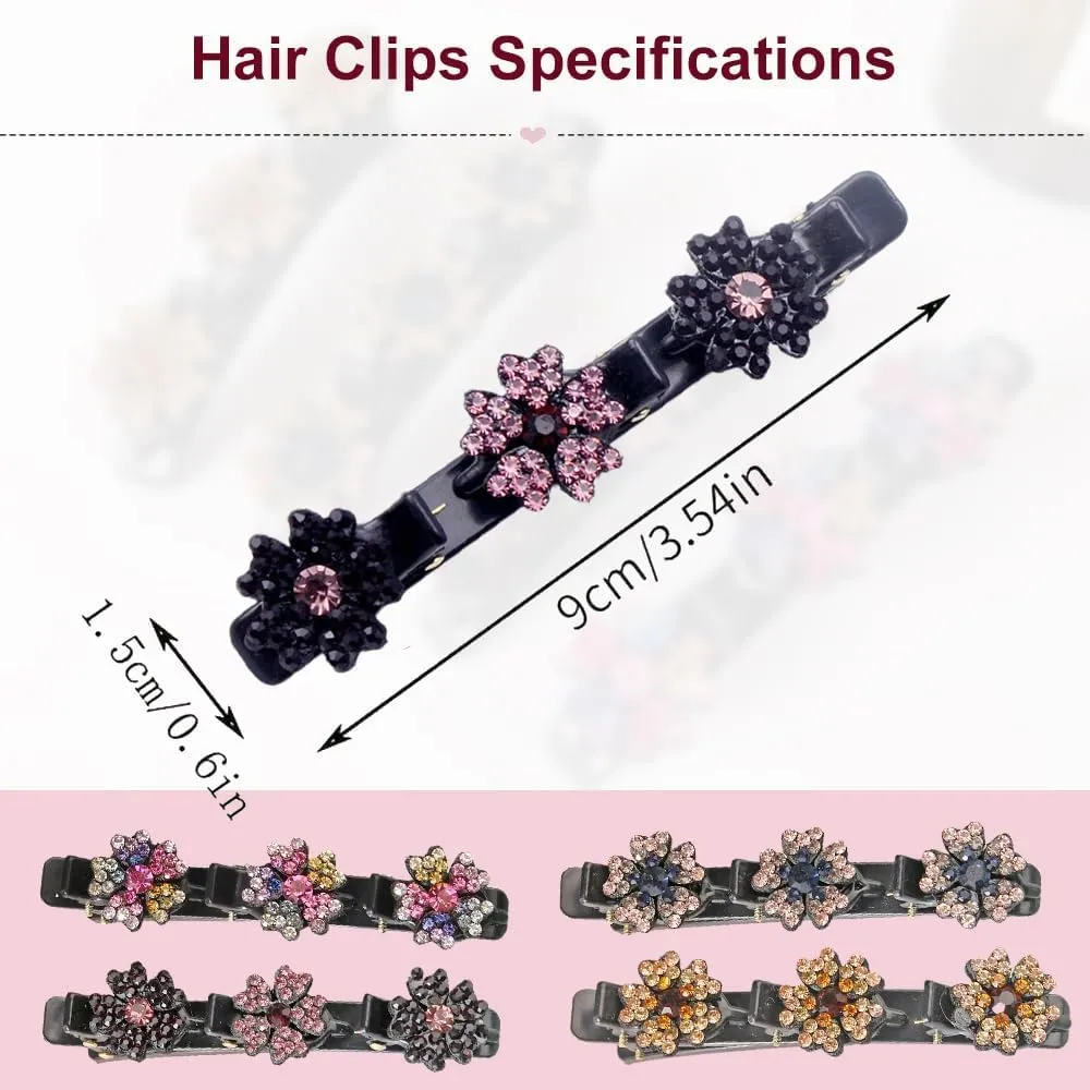 2 Pcs Sparkling Crystal Stone Braided Hair Clips, 2025 New Satin Fabric Hair Bands Rhinestone Four-Leaf Clover Hair Clip for Styling, Duck Bill Clips for Women Girls, Colorful C