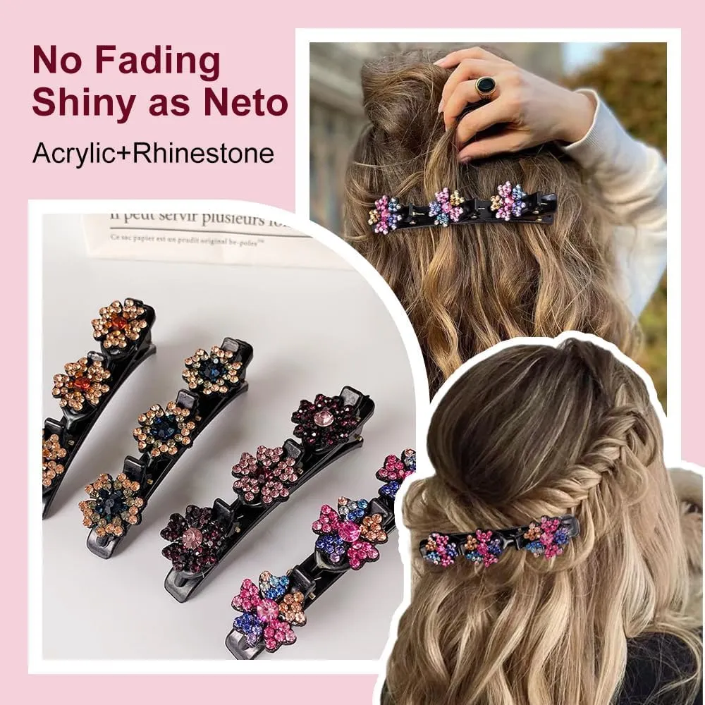 2 Pcs Sparkling Crystal Stone Braided Hair Clips, 2025 New Satin Fabric Hair Bands Rhinestone Four-Leaf Clover Hair Clip for Styling, Duck Bill Clips for Women Girls, Colorful C
