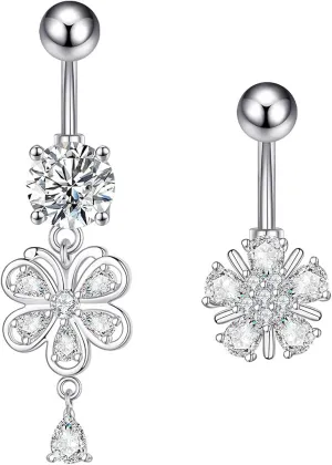 2 Pcs Women Cubic Zirconia Belly Button Rings Stainless Steel Flower Shape Belly Dangle Ring