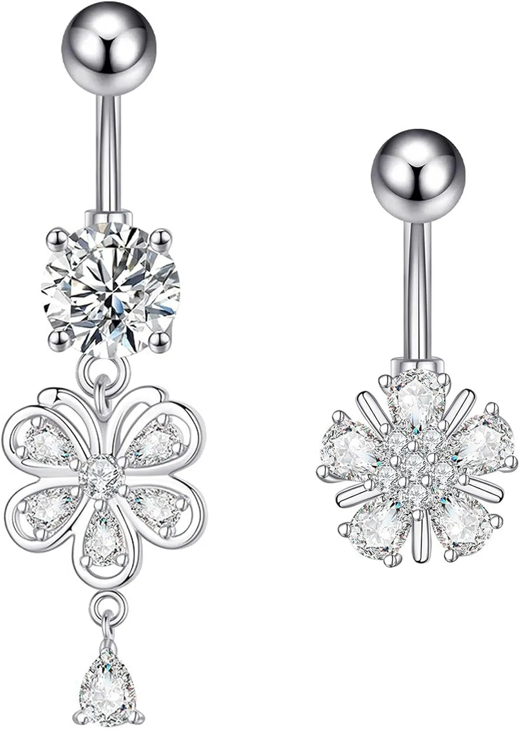 2 Pcs Women Cubic Zirconia Belly Button Rings Stainless Steel Flower Shape Belly Dangle Ring