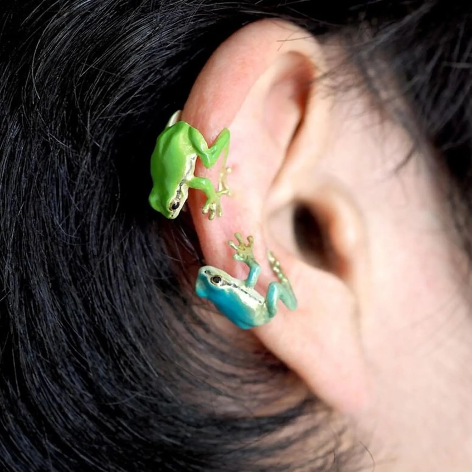 2024 Latest Tree Frog Ring Ear Cuff Adjustable Handmade Jewelry Animal Creative Vintage Punk Style Frogs Shaped Ring Earrings for Women Non Piercing