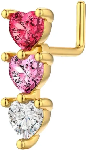 20G Colorful CZ Heart Nose Rings for Women Gold Surgical Steel L-Shaped Nose Studs Ring Screws Shiny Nostril Body Piercing Jewelry