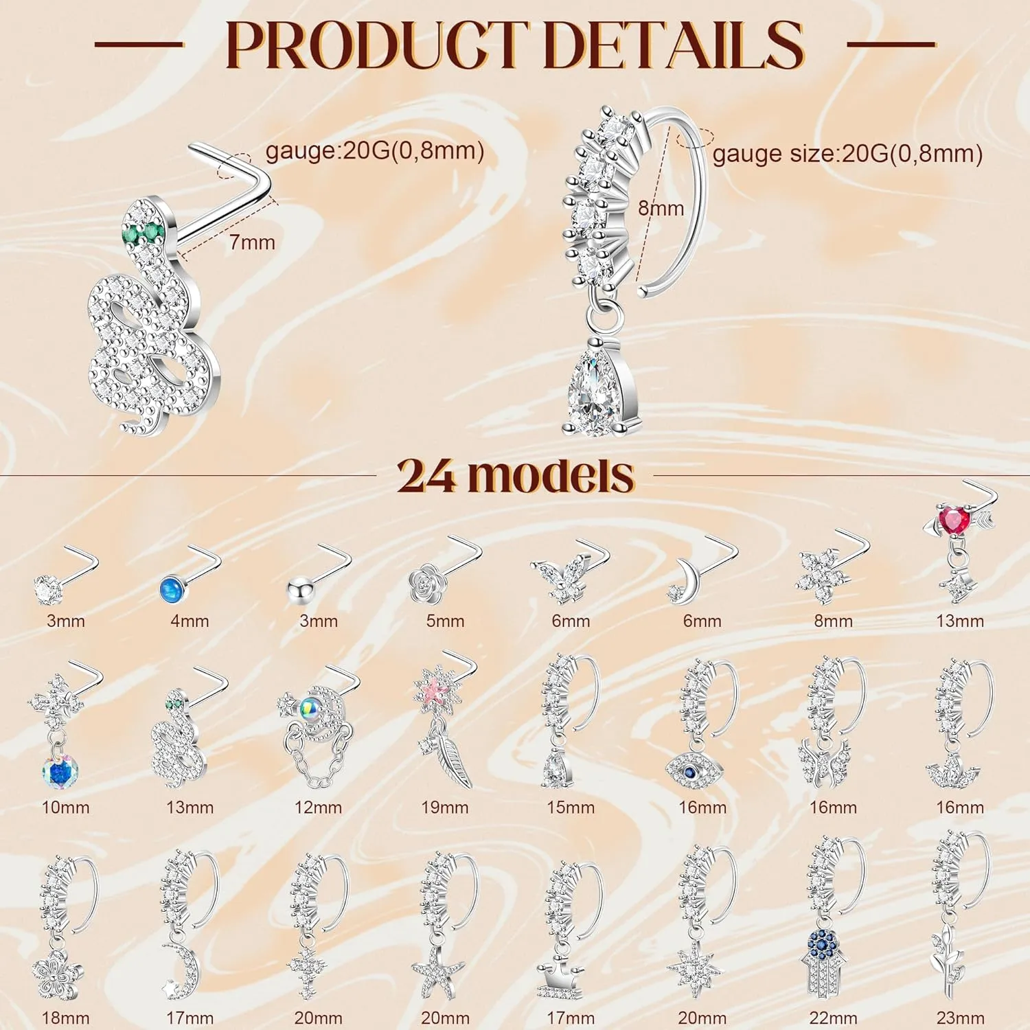 24PCS 20G Dangle Nose Ring for Women L Shaped Dangling Nose Hoop Stud Hypoallergenic CZ 316L Stainless Steel Butterfly Heart Moon Indian Charm Nose Ring Nostril Piercing Jewelry