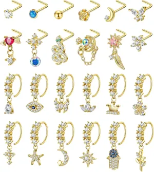 24PCS 20G Dangle Nose Ring for Women L Shaped Dangling Nose Hoop Stud Hypoallergenic CZ 316L Stainless Steel Butterfly Heart Moon Indian Charm Nose Ring Nostril Piercing Jewelry