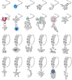 24PCS 20G Dangle Nose Ring for Women L Shaped Dangling Nose Hoop Stud Hypoallergenic CZ 316L Stainless Steel Butterfly Heart Moon Indian Charm Nose Ring Nostril Piercing Jewelry