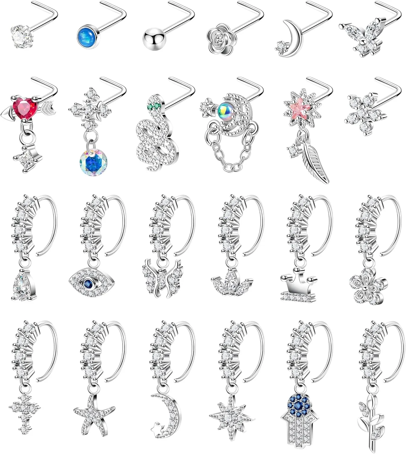 24PCS 20G Dangle Nose Ring for Women L Shaped Dangling Nose Hoop Stud Hypoallergenic CZ 316L Stainless Steel Butterfly Heart Moon Indian Charm Nose Ring Nostril Piercing Jewelry