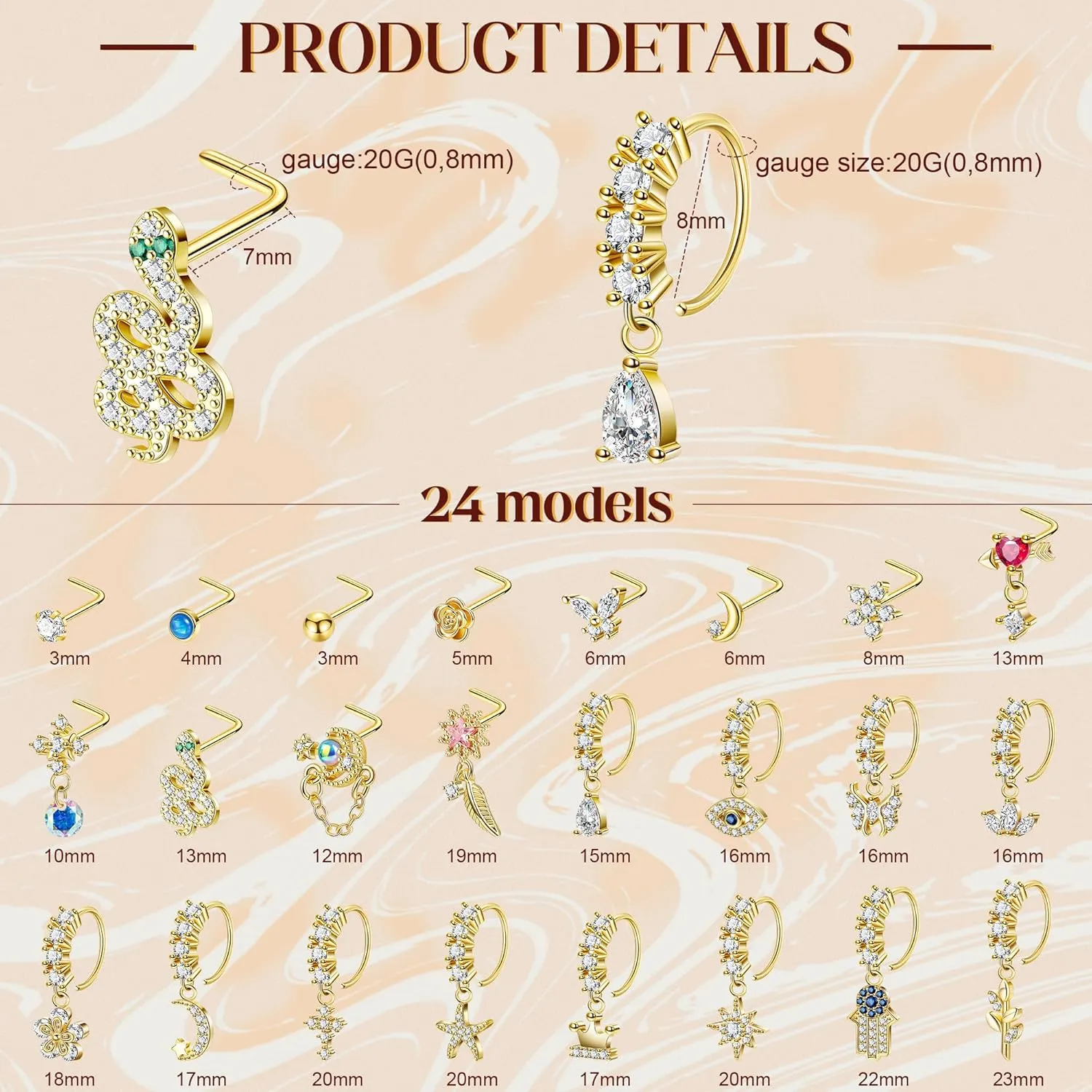 24PCS 20G Dangle Nose Ring for Women L Shaped Dangling Nose Hoop Stud Hypoallergenic CZ 316L Stainless Steel Butterfly Heart Moon Indian Charm Nose Ring Nostril Piercing Jewelry