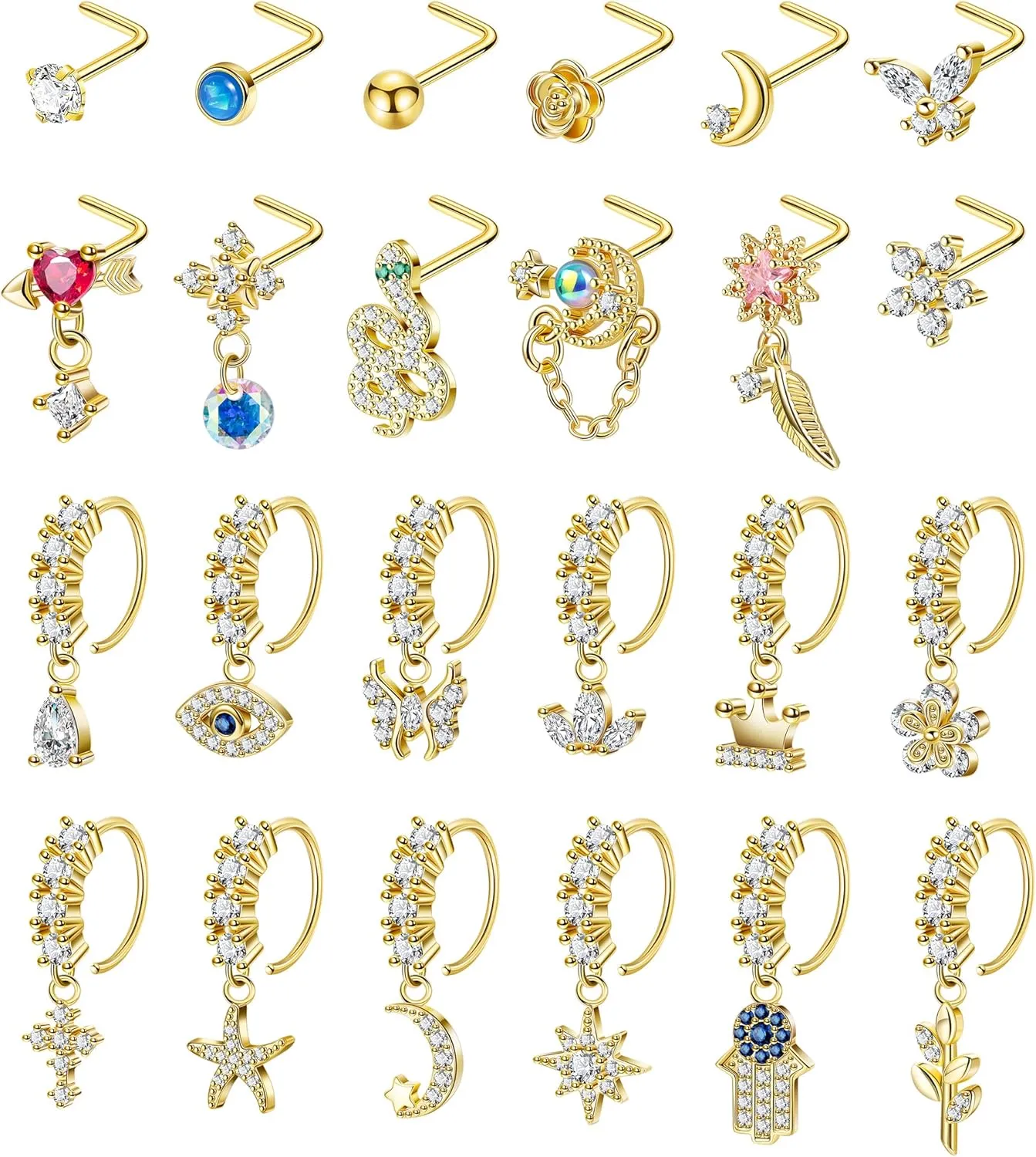 24PCS 20G Dangle Nose Ring for Women L Shaped Dangling Nose Hoop Stud Hypoallergenic CZ 316L Stainless Steel Butterfly Heart Moon Indian Charm Nose Ring Nostril Piercing Jewelry