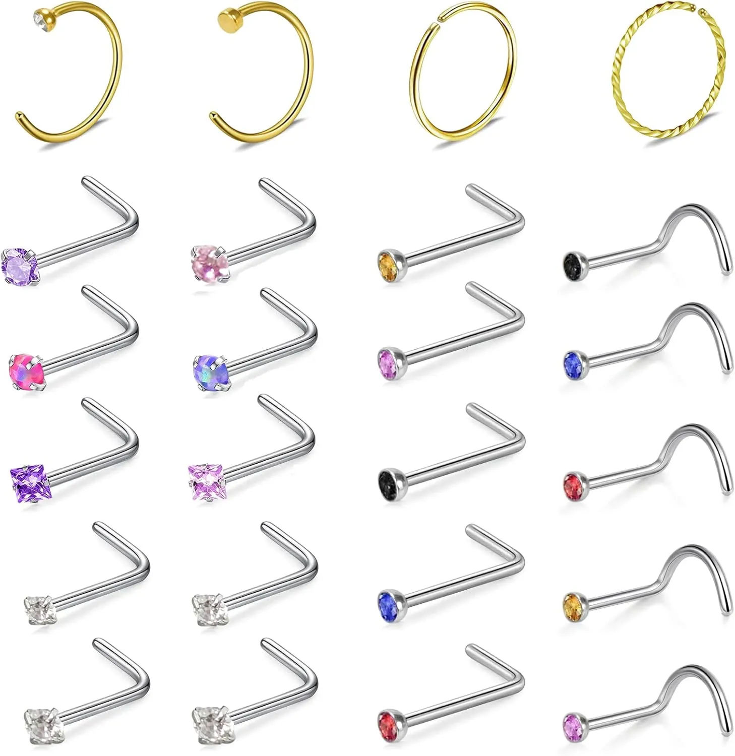 24Pcs 20G Stainless Steel Nose Studs, L Shaped Nose Piercing Jewelry, Gold Corkscrew Nose Rings hoops for Women