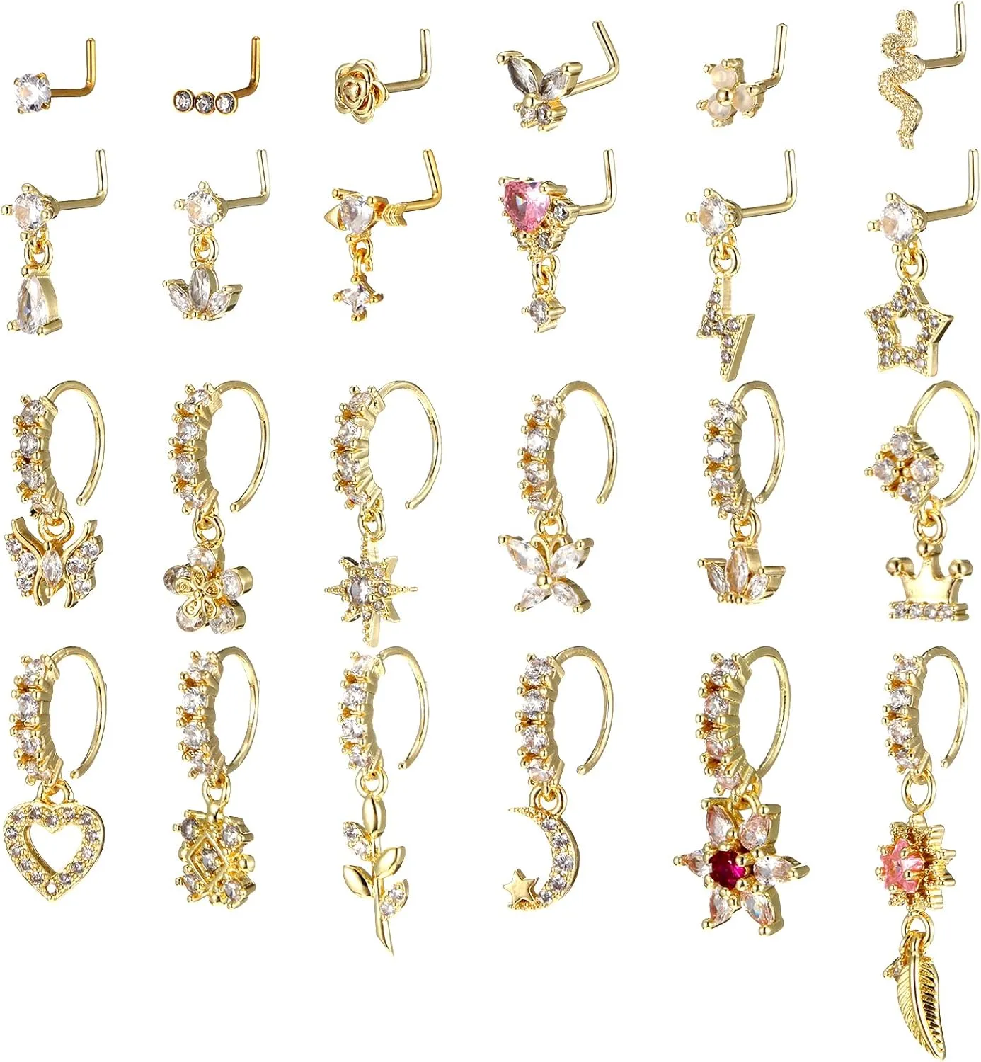 24Pcs Dangle Nose Rings Hoop for Women Gold L Shaped Dangling Nose Stud 20G CZ Surgical Steel Flower Leaf Heart Moon Star Butterfly Noses Rings Dangle Piercing Jewelry