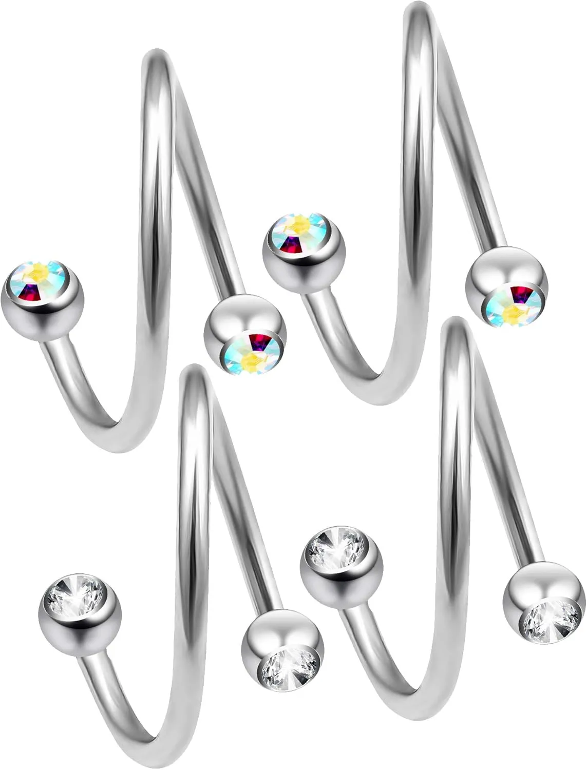 2pc 12mm 1/2 Twisted Barbell Spiral Nose Ring Twist Pierced Earrings Ear Piercing Cartilage Jewelry Industrial Earring Rings Lip Screw Surgical Helix Tragus Daith Navel Belly Aurora Borealis Cystal