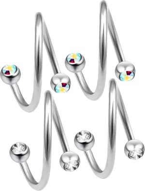 2pc 12mm 1/2 Twisted Barbell Spiral Nose Ring Twist Pierced Earrings Ear Piercing Cartilage Jewelry Industrial Earring Rings Lip Screw Surgical Helix Tragus Daith Navel Belly Aurora Borealis Cystal
