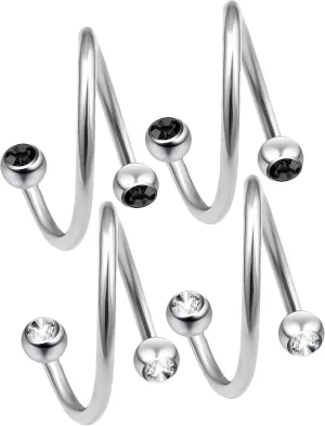 2pc 12mm 1/2 Twisted Barbell Spiral Nose Ring Twist Pierced Earrings Ear Piercing Cartilage Jewelry Industrial Earring Rings Lip Screw Surgical Helix Tragus Daith Navel Belly Black Cystal