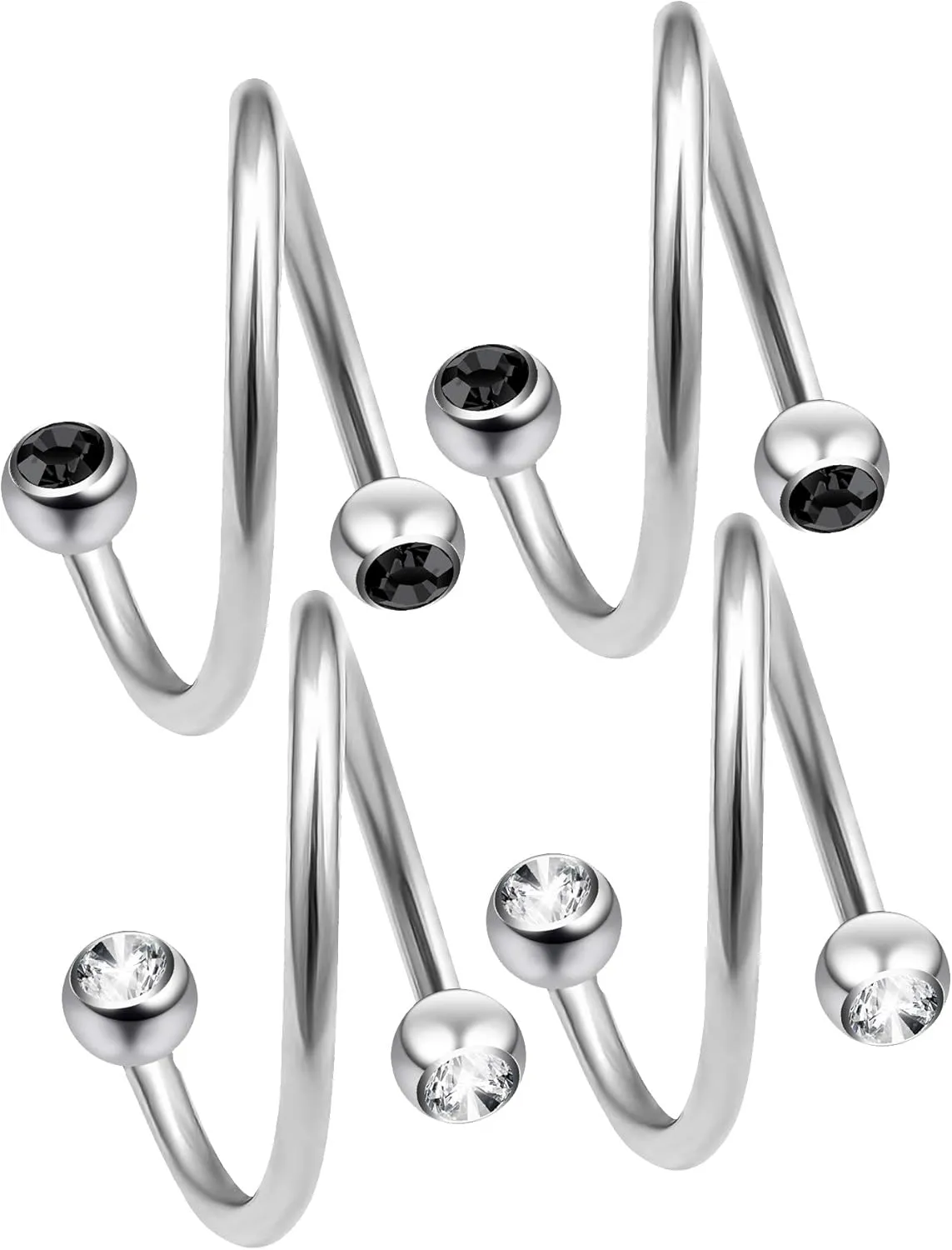 2pc 12mm 1/2 Twisted Barbell Spiral Nose Ring Twist Pierced Earrings Ear Piercing Cartilage Jewelry Industrial Earring Rings Lip Screw Surgical Helix Tragus Daith Navel Belly Black Cystal