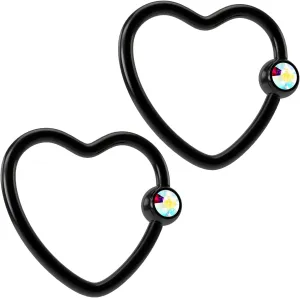 2pc 16g Black Heart Captive Bead Ring Jeweled 16 Gauge Gem Beads Hoop Earrings Jewel Rings Anodized