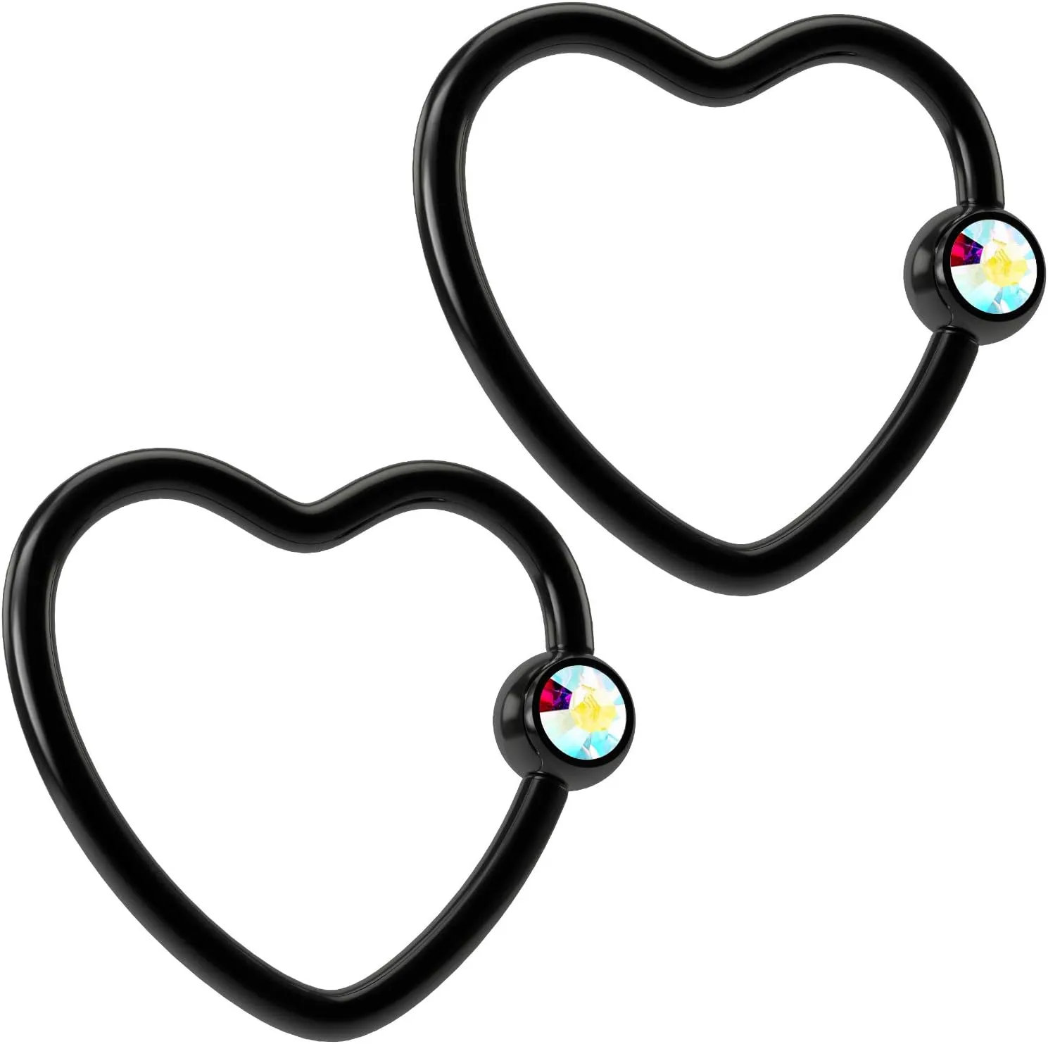 2pc 16g Black Heart Captive Bead Ring Jeweled 16 Gauge Gem Beads Hoop Earrings Jewel Rings Anodized