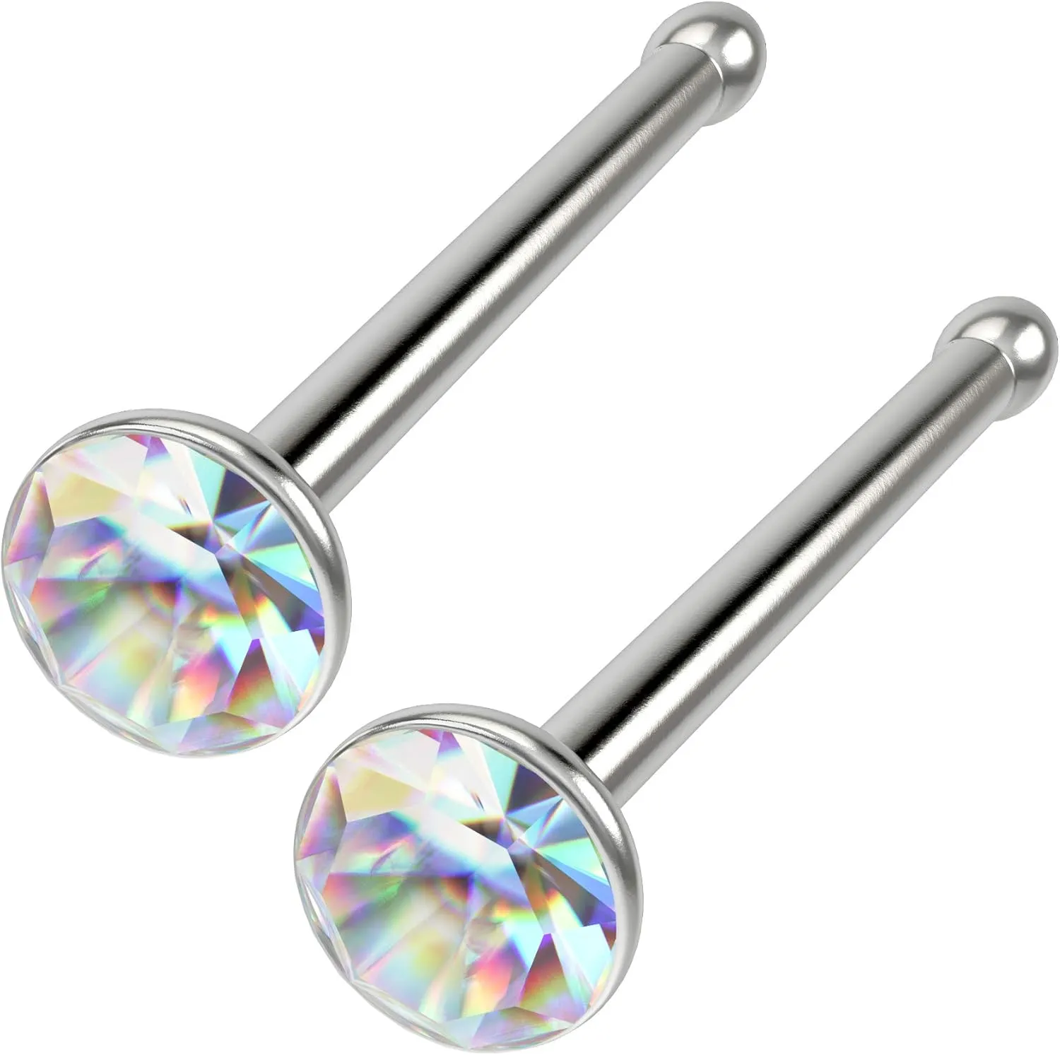 2pc 20g Surgical Stainless Steel Bone Nose Rings Straight Stud Nostril 1mm crystal CZ crystal Pin