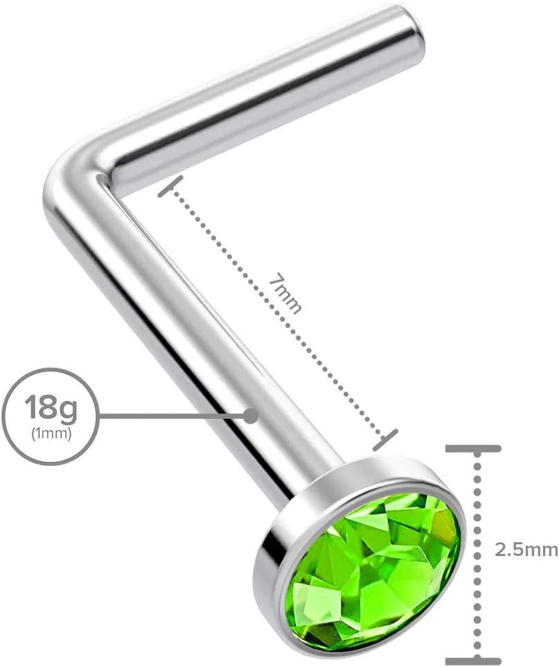 2pc L Shaped Nose Ring 18g 1mm 7mm Flesh Nostril Screw Nose Ring Crystal Hypoallergenic 316LVM Surgical Steel Stud Piercing Jewelry