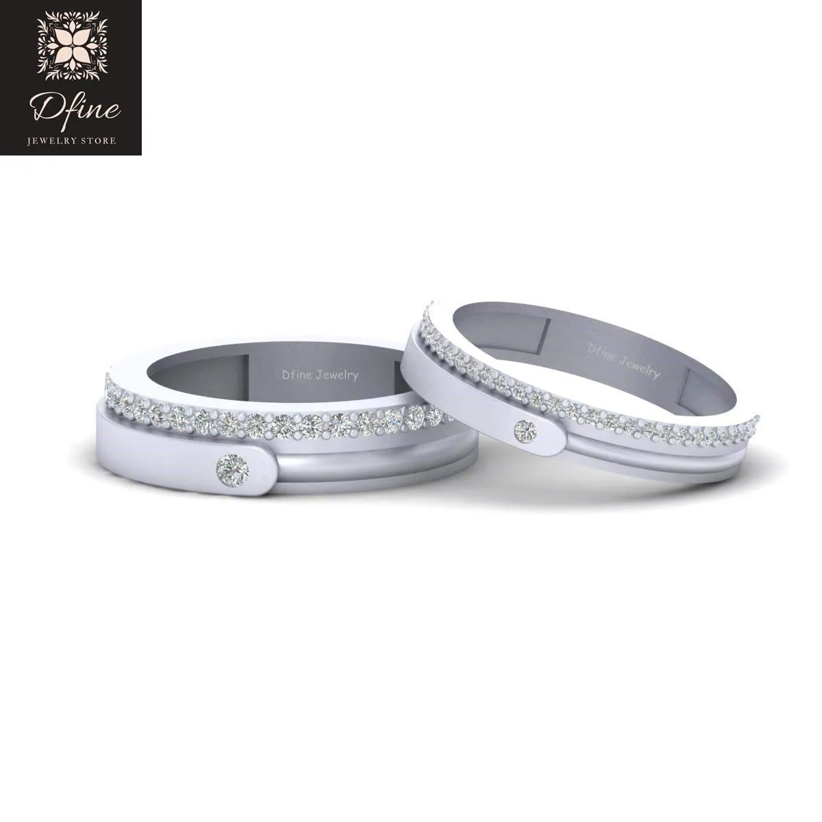 2Pc Matching Couple Band Diamond Wedding Bands His and Her Promise Rings Sterling Silver