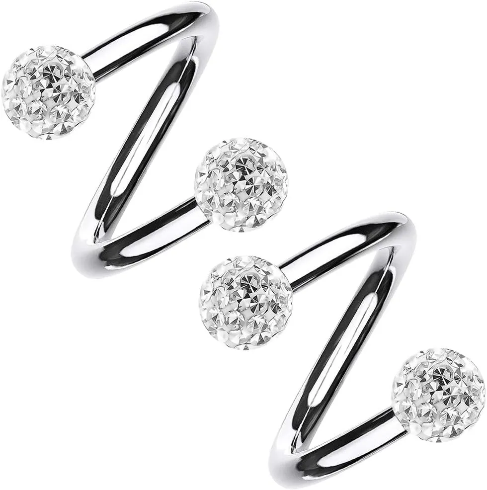 2pc Twisted Barbell Earring Surgical Steel - Twist Helix Earrings 16 Gauge - Spiral Belly Button Rings - 3mm Crystal Lip Ring Body Jewelry 5/16 8mm - CZ