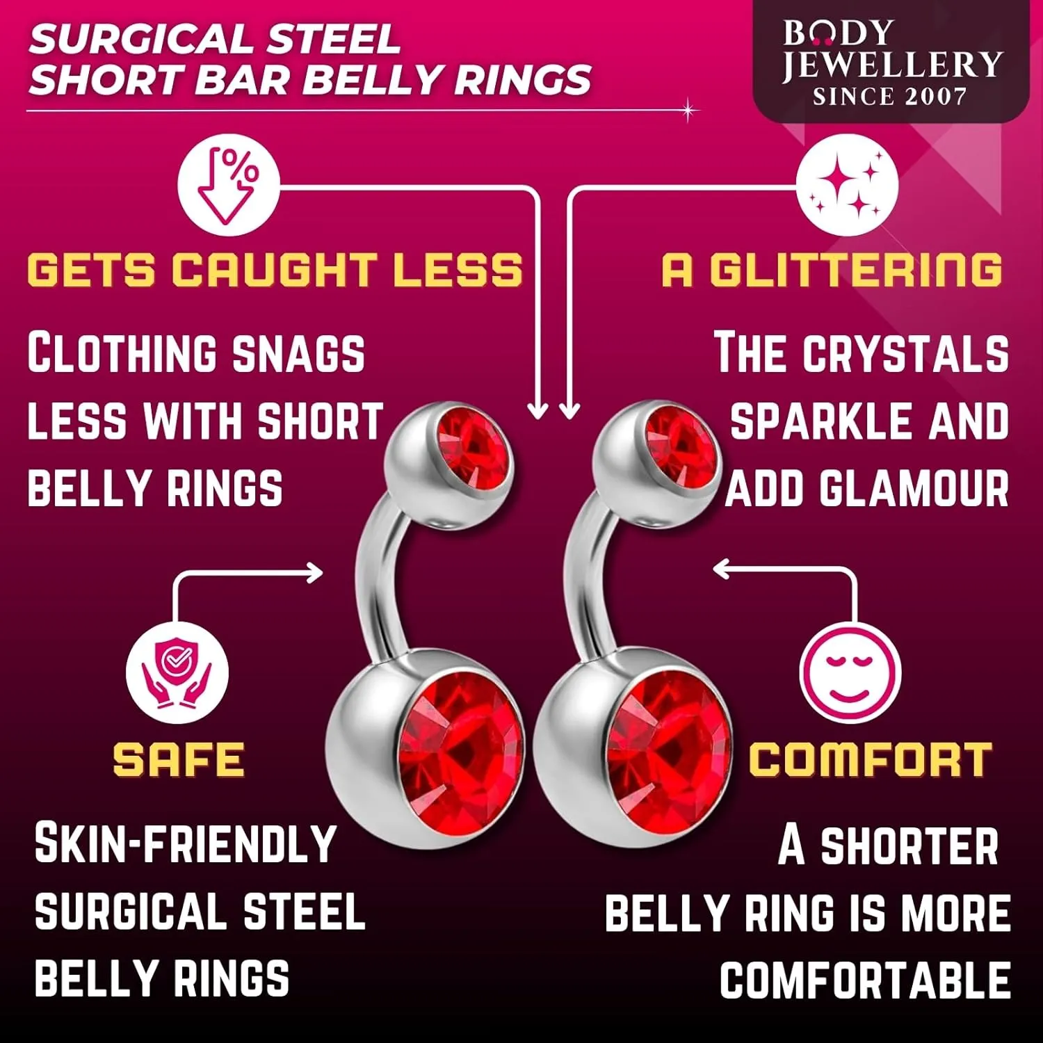 2pcs 14g Implant Grade Surgical Steel Double Crystal Short Navel Belly Button Ring 6mm1/4 14 gauge pick color(s)