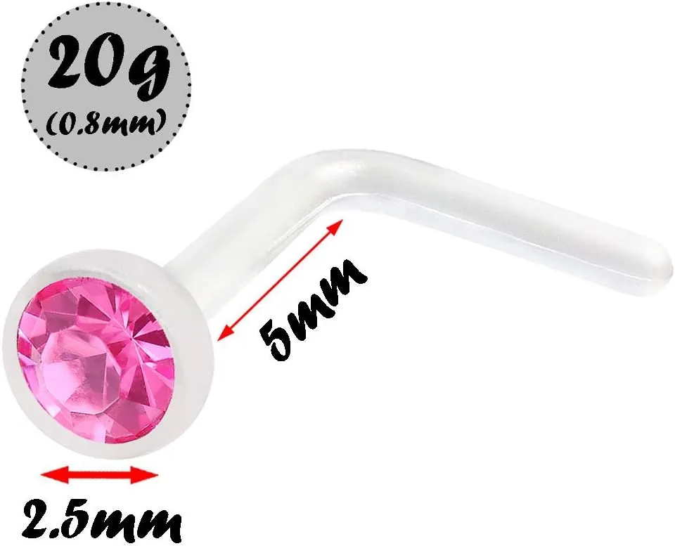 2pcs 20g 0.8mm Nose Screw Rings L Shaped Bioflex Flexible Nostril Piercing Jewelry 2.5mm Crystal Pick Color